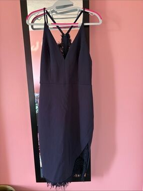 ASTR Navy Blue Lace-Trim V-Neck Cocktail Dress